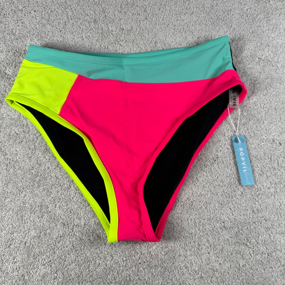 POPVIL Swim Bottoms Womens XL Multicolor Neon Colorblock High Waist Bikini New